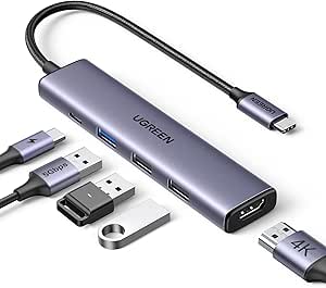 UGREEN Revodok USB C Hub 5-in-1, 4K HDMI Multiport Adapter, 100W Charging Port, 3 USB A 5Gbps Data Transfer, Compatible with MacBook Air/Pro, HP, ASUS, iPad Pro/Air, iPhone 17 Pro/Max, Gray