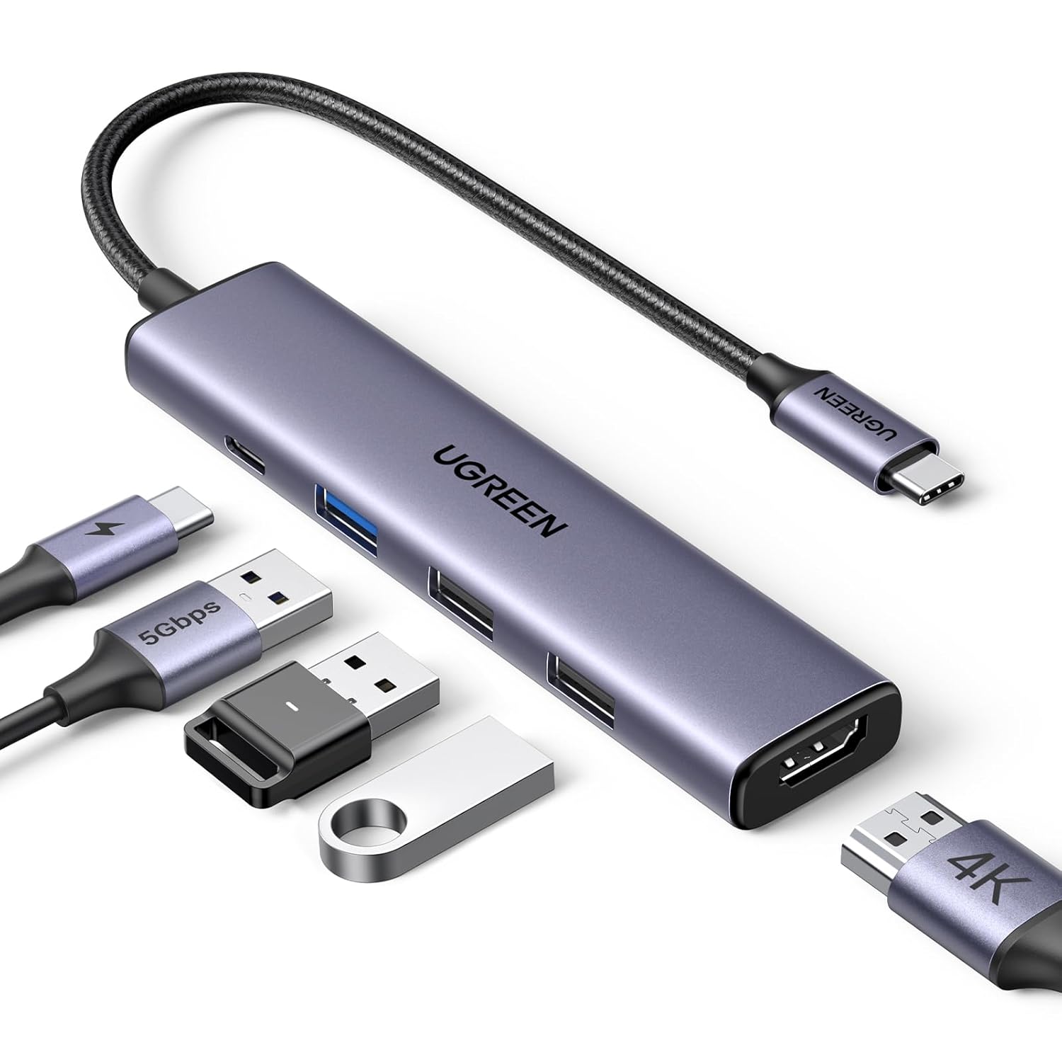 UGREEN Revodok 105 USB C Hub 5 in 1 Multiport Adapter 4K 30Hz HDMI, 100W Power Delivery, 3 USB A Data Ports, Type C Dongle for PC, Laptop, MacBook Air, iMac, iPad, iPhone 17/16/15 Pro Max, Galaxy S25