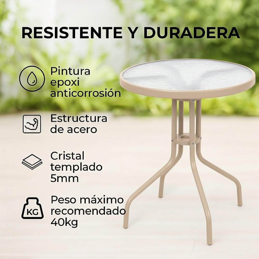 MONTY Mesa de jardín de Acero y Cristal Templado | De Ø 60 cm | Pintuta Color Beige con epoxi Anticorrosión | Resistente y Duradera | Balcón, Terraza o Jardín | Trivia