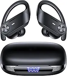 Fones de ouvido sem fio Bluetooth, à prova d'água IPX7, display LED de energia, fones de ouvido esportivos com gancho de orelha e microfone, até 80 horas de reprodução