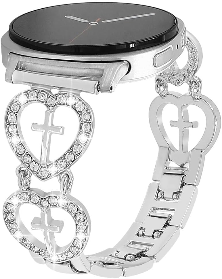 Bling Metal Bracelet Compatible with Samsung Galaxy Watch 8 40mm/44mm,Galaxy Watch 8 Classic 46mm,Cross Band Love Heart Shape Wristband for Women