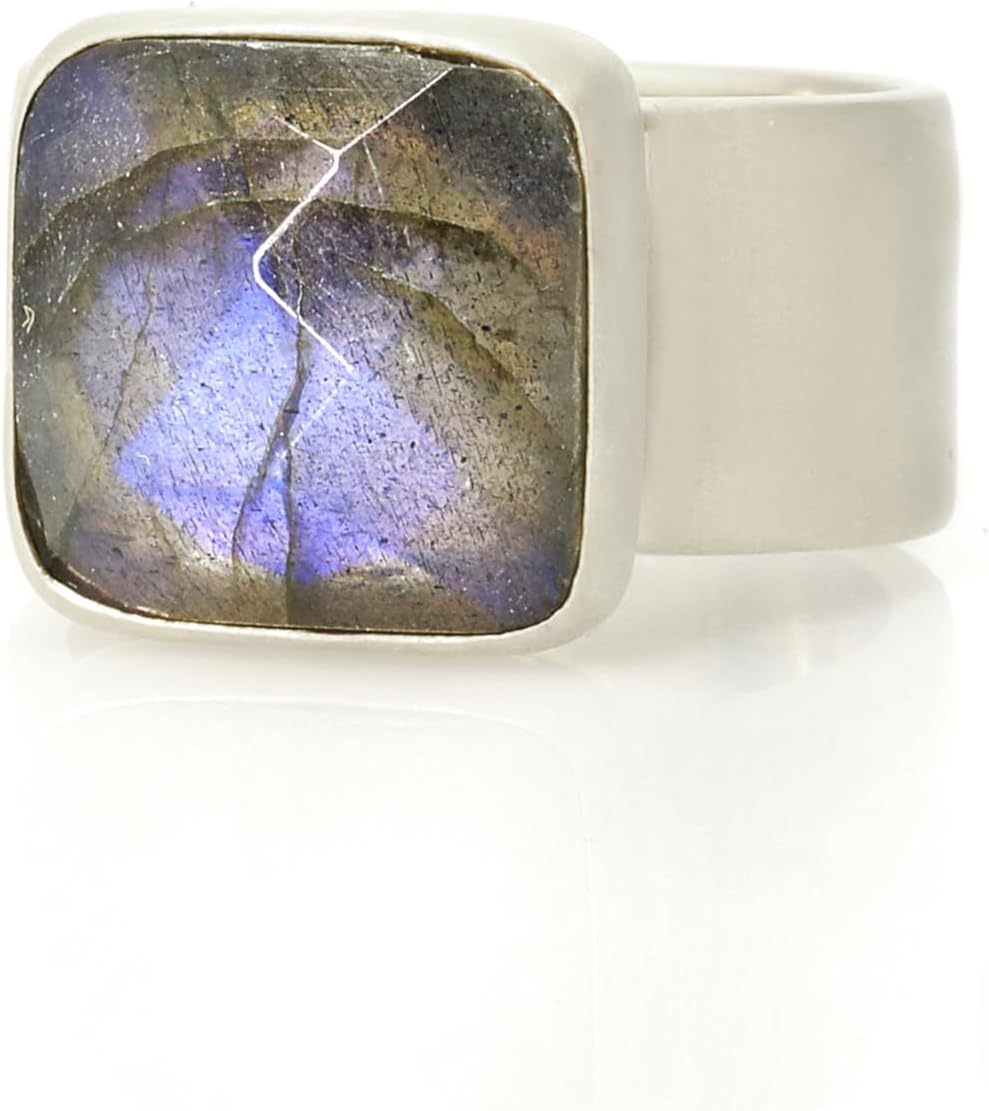 Thick Band Labradorite Square Ring - Faceted Gemstone in Gold Bezel Setting - Bold Statement Fashion Jewelry