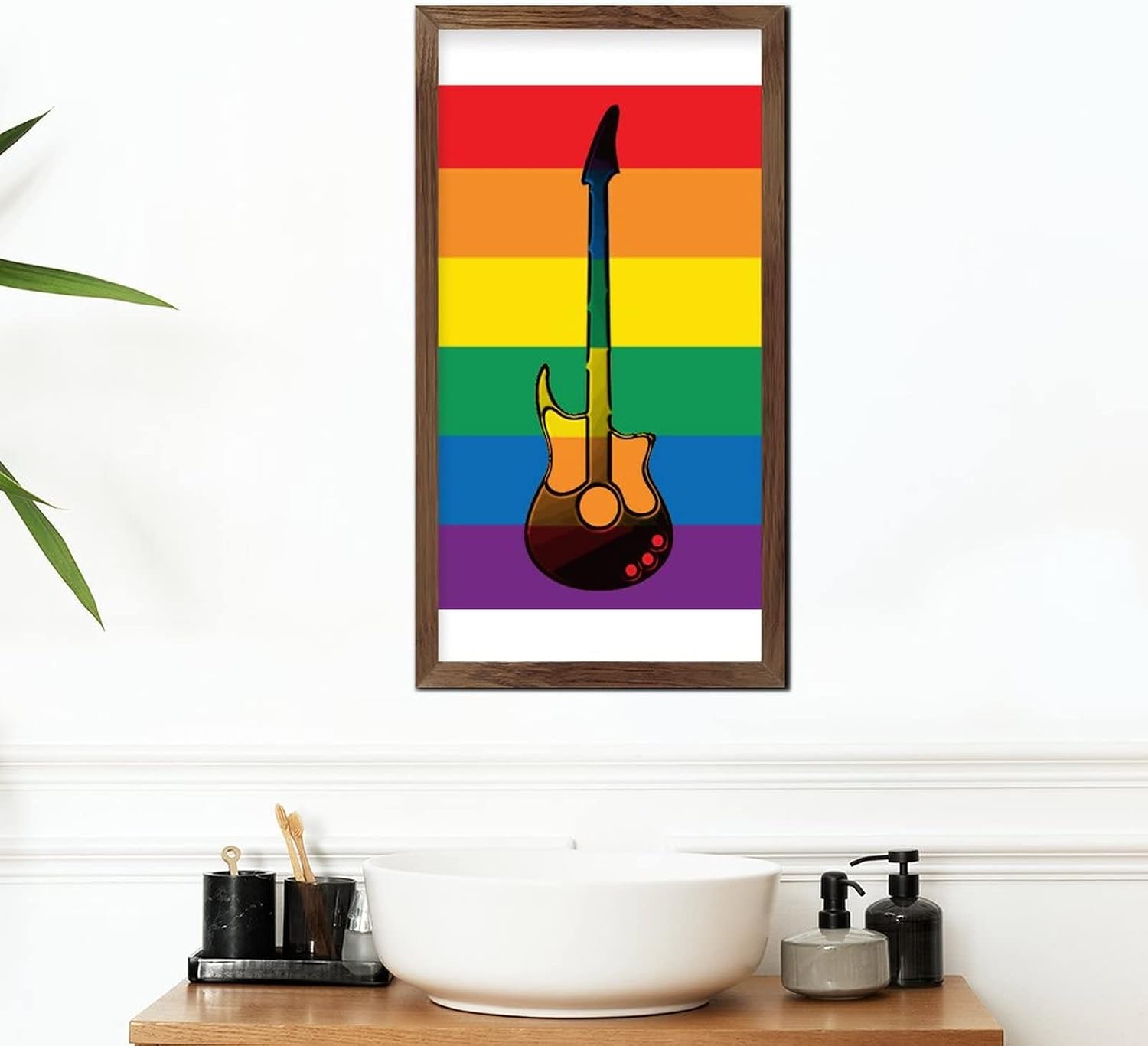 LGBT Pride Wood Framed Sign Rainbow Guitar Wall Sign Classic Progress Pride Wood Decor Farmhouse Wall Hanging Plaque for Queer Gay Lesbian Latino 22x12 in