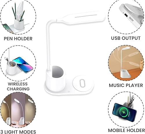 Miniatura 2 de Lámpara de escritorio USB con estación de carga inalámbrica, adaptador de pared y soporte para bolígrafo (blanco)