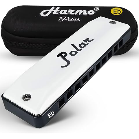 Harmo Polar Diatonic Harmonica Key of Eb - 10 Holes 20 Notes, Blues Harp Mouth Organ With Case, Phosphor Bronze Reeds, Suitable for All Genres, Harmonica for Adult, Beginners & Professionals
