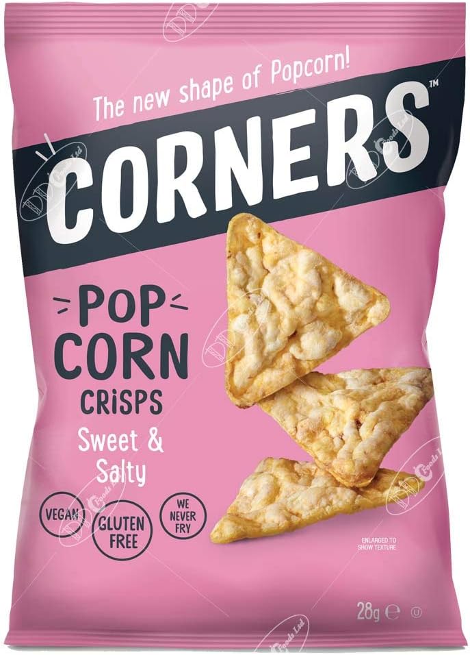Corners, Crunchy Pop Corn Crisps - Simple Natural Ingredients, Non-GMO, Sweet & Salty Flavour - Healthy Snacks for Kids and Adults, 28g Pack of 18