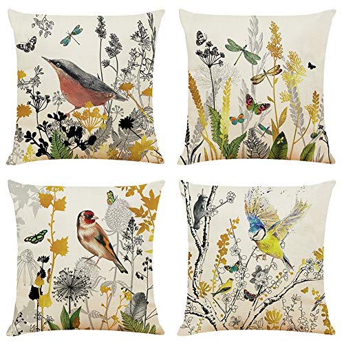 Decorative Throw Pillow Covers 18x18 inches Set of 4 Birds Butterfly and Plant Cushion Covers 45cm x 45cm Boho Linen Square Throw Pillow Cases for Living Room Sofa Couch Bed Pillowcases (Gold Black)