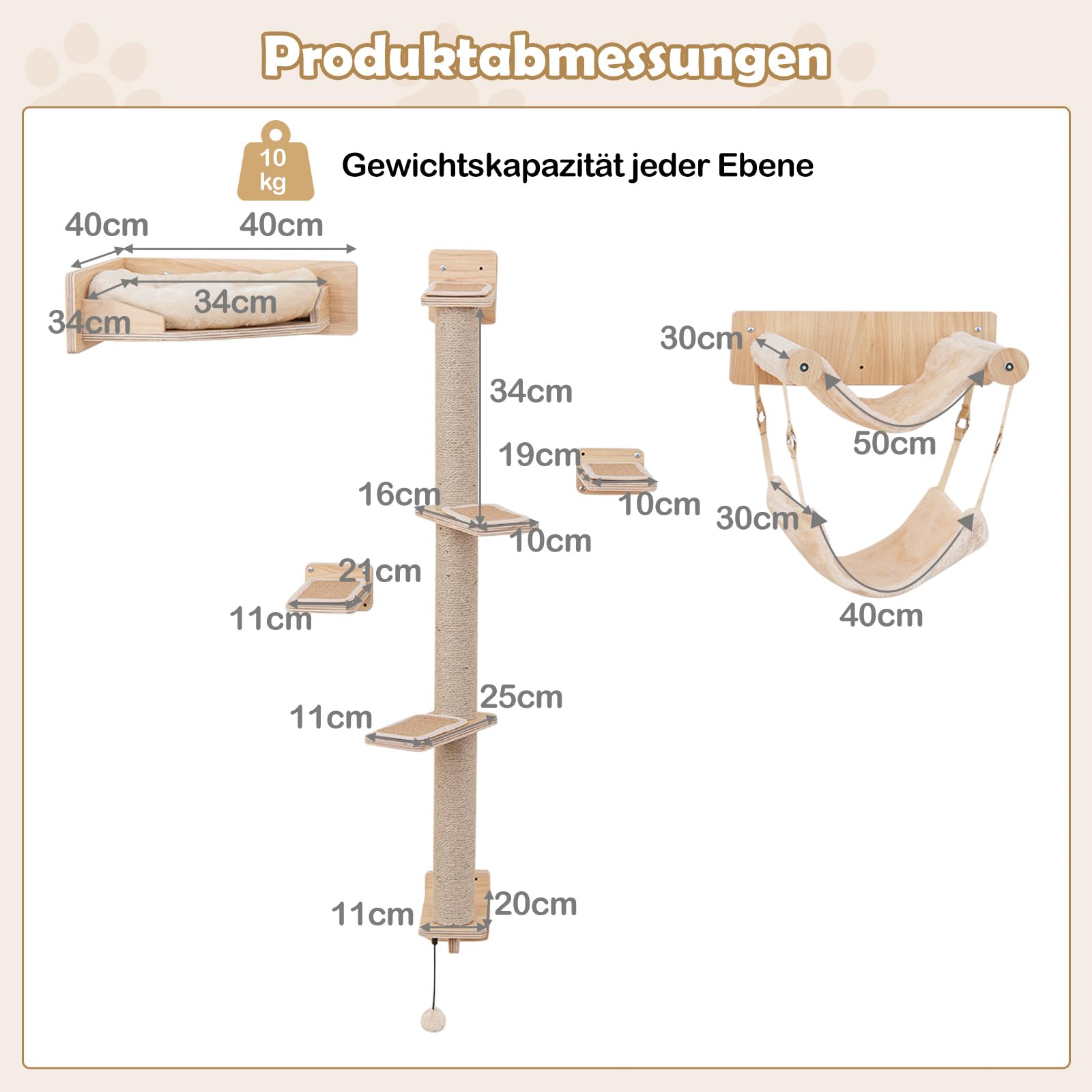 COSTWAY 5 szt. ścianka wspinaczkowa dla kotów, drapak z platformami, drążki do drapania z juty, legowisko dla kota, 2 hamaki, piłka i stopnie, ściana na drzewie dla kota, schody dla kota, drzewo