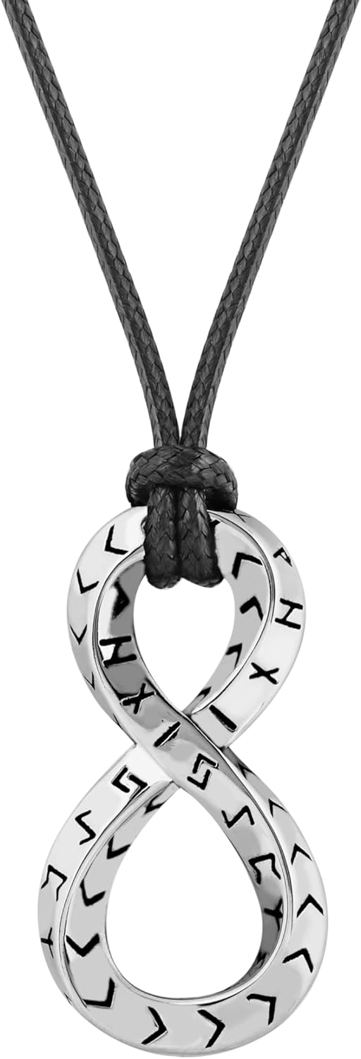 HAQUIL Viking Runes Necklace, Silver Plated Stainless Steel Norse Runic Infinity Talisman Pendant, Faux Leather Cord, Viking Jewelry Gift