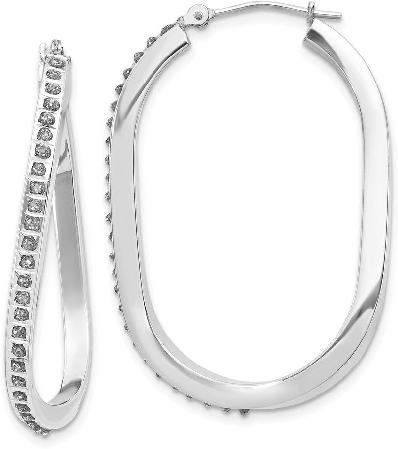 Real 14kt White Gold Diamond Fascination Oval Twist Hinged Hoop Earrings