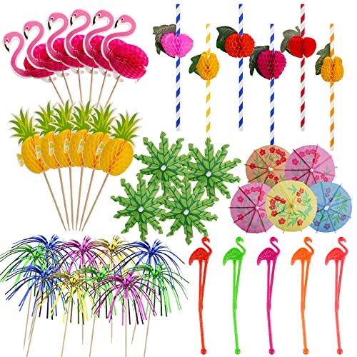 70 pcs Cocktail Party Decorations, Flamingo Cocktail Stirrers, Foil Fireworks Sticks, Flamingo Pineapple Colorful Palm Tree Umbrella Cupcake Fruit Sticks Bamboo Toothpicks, Paper Straws for Drinks