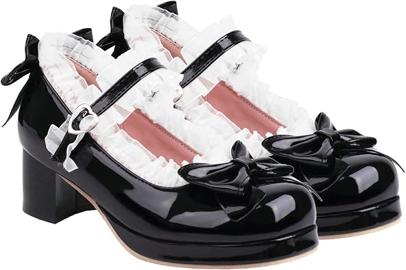 LUXMAX Women Bow Mary Janes Patent Leather Platform Sweet Lace Pumps Chunky Mid Heel Cute Shoes