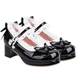 LUXMAX Women Bow Mary Janes Patent Leather Platform Sweet Lace Pumps Chunky Mid Heel Cute Shoes