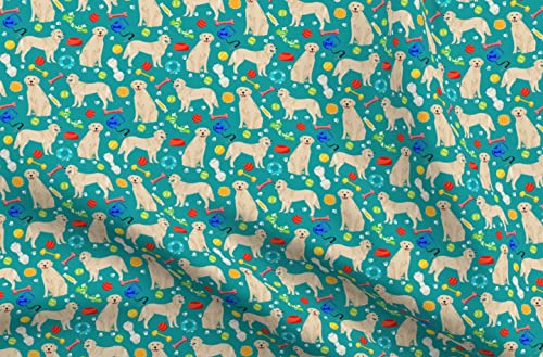 Spoonflower Fabric - Golden Retrievers Dogs Dog Toys Teal Retriever Pet Portrait Printed on Cotton Poplin Fabric Fat Quarter - Sewing Shirting Quilting Dresses Apparel Crafts