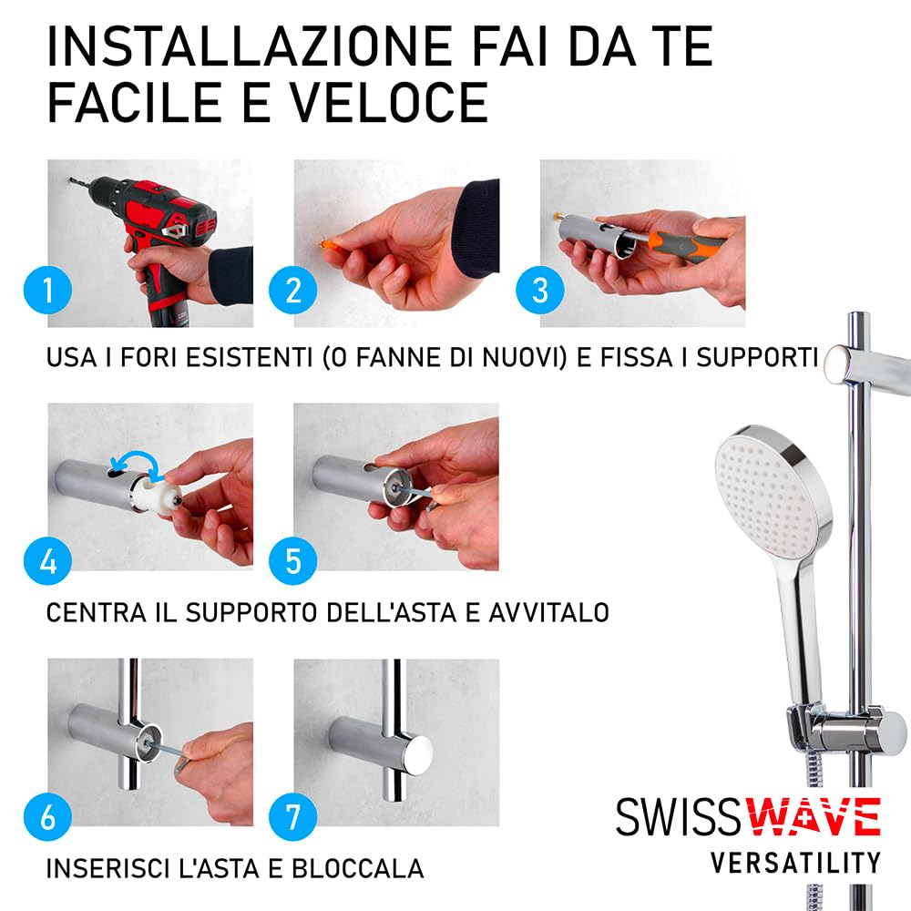 SwissWave - Kit Asta Doccia Reno 1000mm con Doccetta 1 Getto e Flessibile 1600mm - Asta Acciaio Inox - Fissaggi Murali Regolabili - Installazione Semplice e Design Moderno - Argento/Cromo