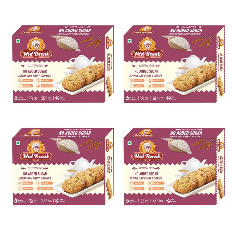 Image of Midbreak No Added Sugar Jowar Millet & Dry Fruit Cookies 200g (Pack of 4) |Gluten-Free Biscuits | High Fiber Diabetic-Friendly Healthy Snack