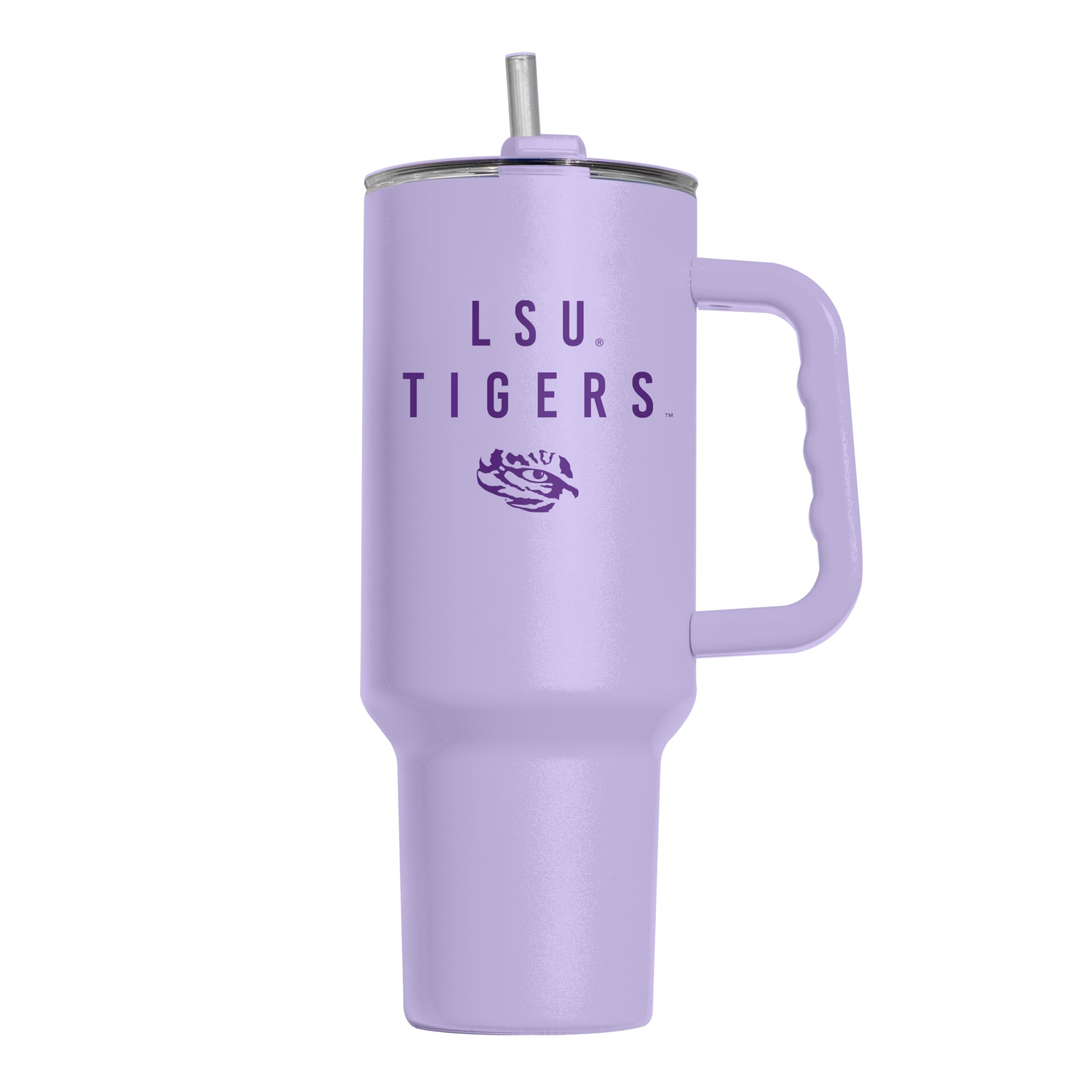 Logo Brands NCAA LSU Tigers Lavender 40 oz Tumbler with Handle - Stylish Everyday Use Powder Coated-Stainless Steel with Straw- Keeps Cold For Hours