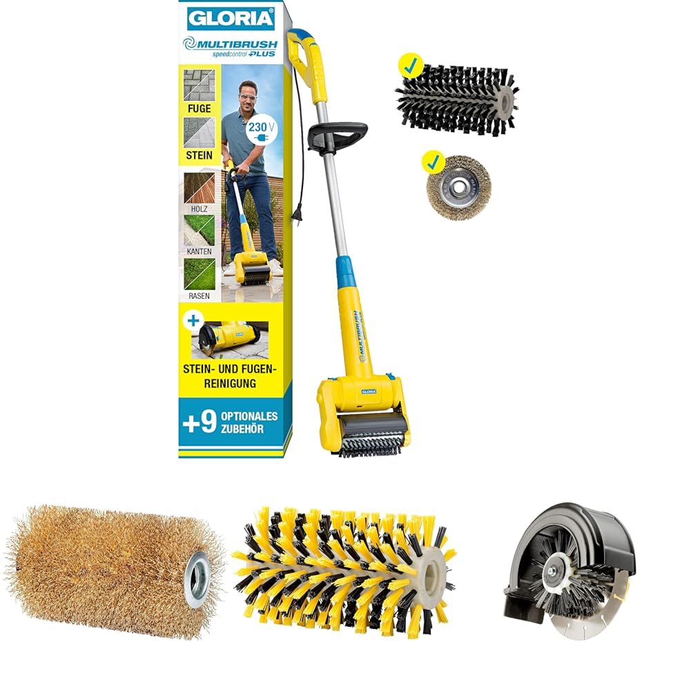 GLORIA MultiBrush speedcontrol Set für Rasenkanten, Stein-, Holz- & Fugenreinigung | Elektrische Reinigungsbürste für Terrasse, Einfahrt & Gartenpflege | Komplett-Set für Außenflächen