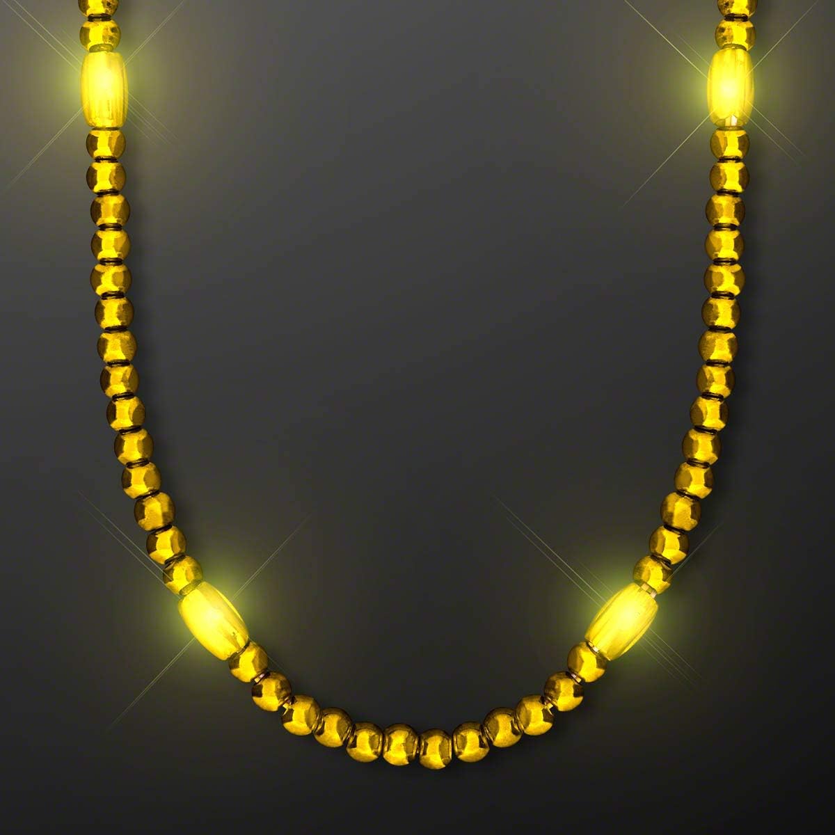 FlashingBlinkyLights Golden Yellow Light Up LED Mardi Gras Bead Necklaces (Set of 12)