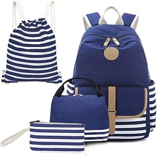 Joyfulife Girls Backpacks, School Backpack for Girls Lightweight Canvas Backpack Elementary Bookbags Stripe Backpack with Lunch Box 4 in 1