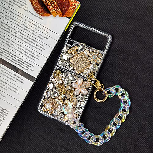 Omio For Samsung Galaxy Z Flip 4 5G Case With Strap Chain, 3D Handmade Sparkle Stunning Stones Crystal Diamond Glitter Rhinestones Hard Pc Phone Case For Galaxy Z Flip 4 Women Girls, Perfume Bottle #TOP5