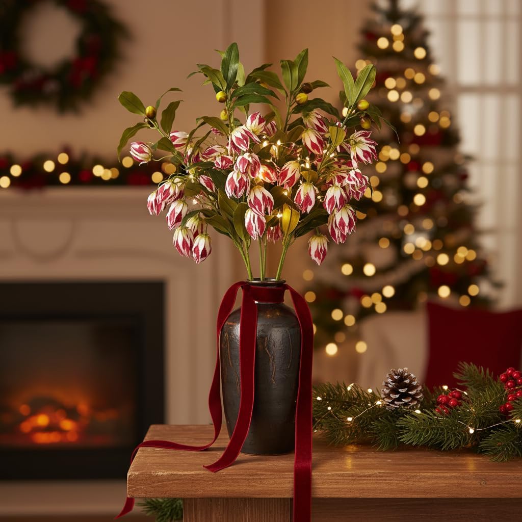 4 Pcs Artificial Bellflower Long Stems - 39 Inch Faux Silk Fritillaria Lantern Lily with Berries, Tall Mock Clematis Floral Arrangement for Floor Vase, Wedding, Farmhouse Home Decor(Light-Red)