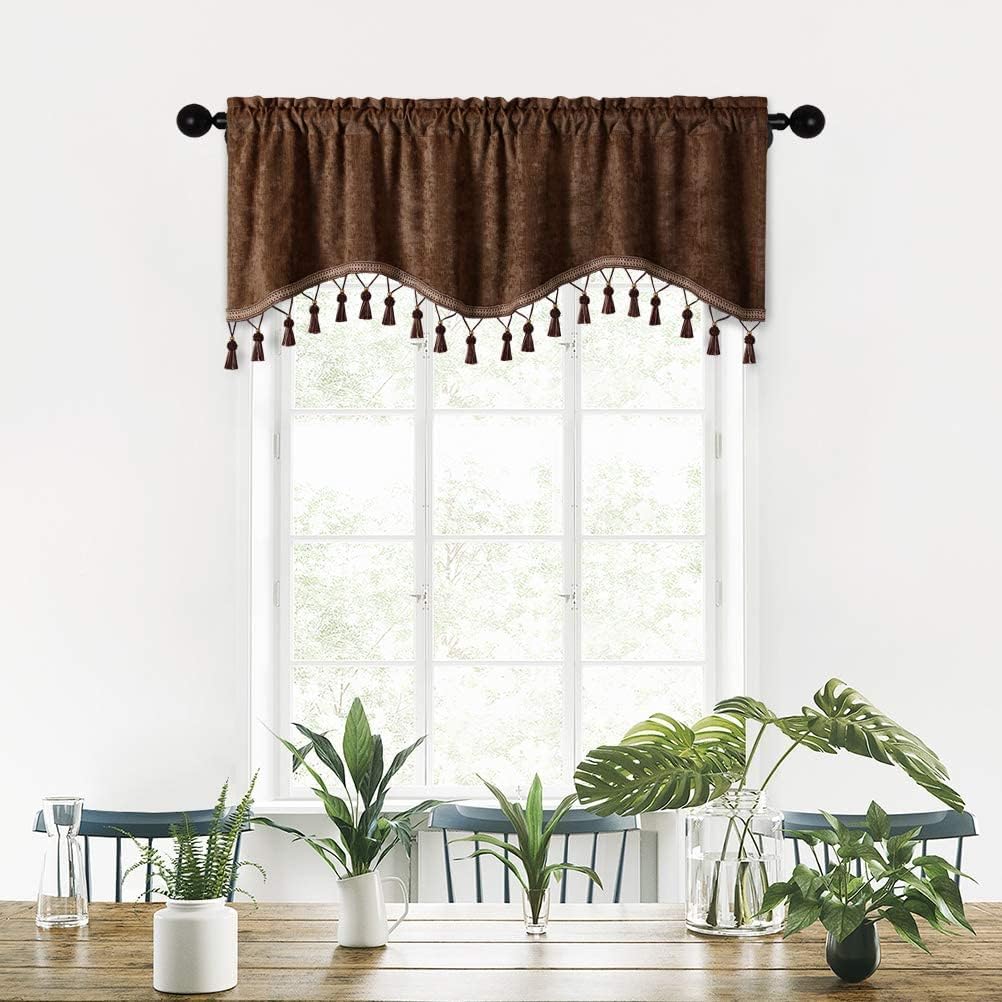 ELKCA Double-Sided Chenille Window Curtains Tier for Kitchen,Rod Pocket,Chocolate Scalloped Valance for Living Room,Pack of 2(Chocolate, 52" W x 18" L)