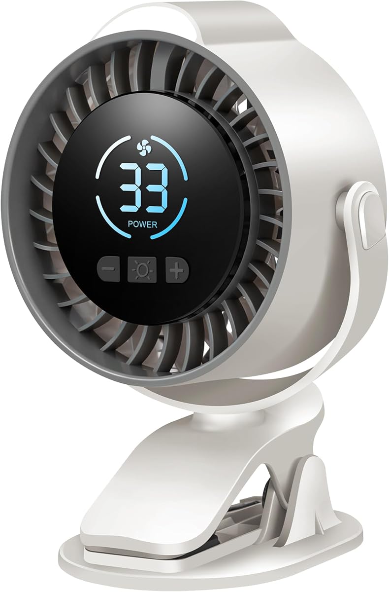 Clip On Rechargeable Fan with LED Night Light 100-Speed (Need Long Press), 720° Universal Adjustment, Protable Fan Quiet Clamp Base 12H Battery, 7 Blades for Desk Dorm Outdoor Camping