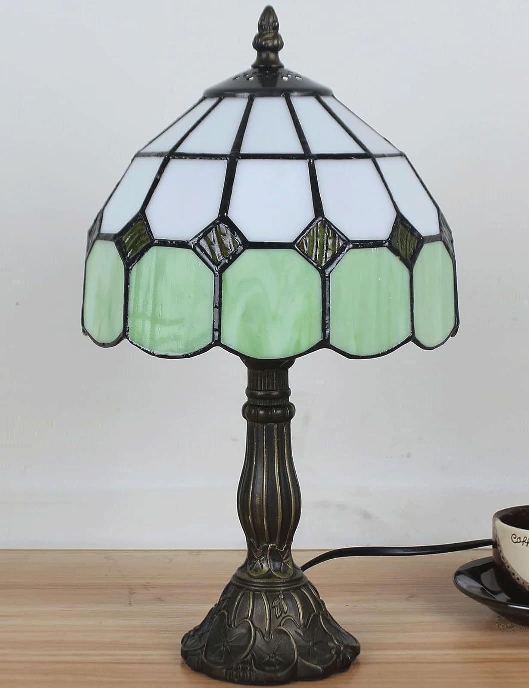 8" Tiffany Style Handmade Stained Glass Table Lamp, Vintage Green Shade with Warm Light, for Bedroom, Study, and Office
