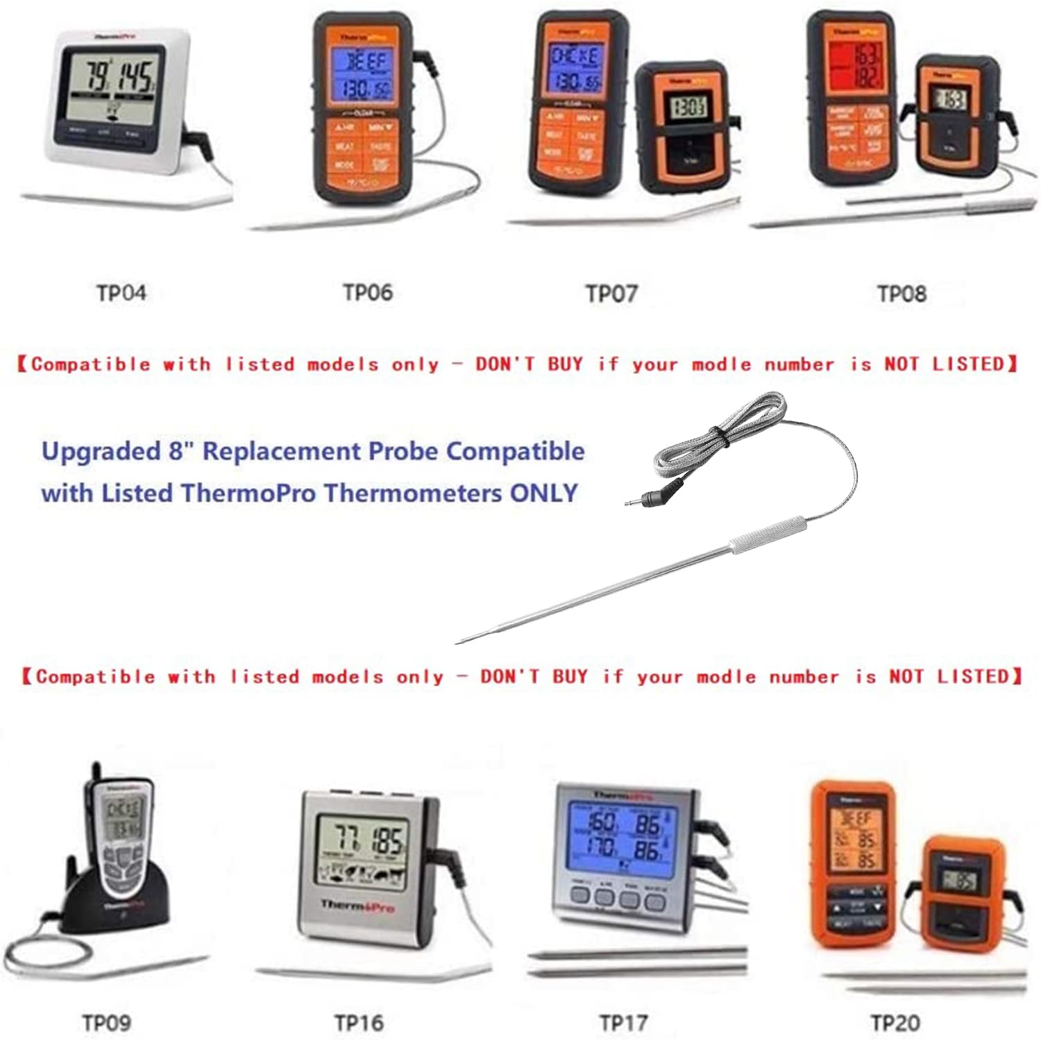 4-Pack Meat Thermometer Probe Replacement Compatible with ThermoPro TP20,TP25,TP17,TP08S,TP16,TP11,TP09,TP10,TP-07,TP06S,TP04,TP08,TP829,2.5mm