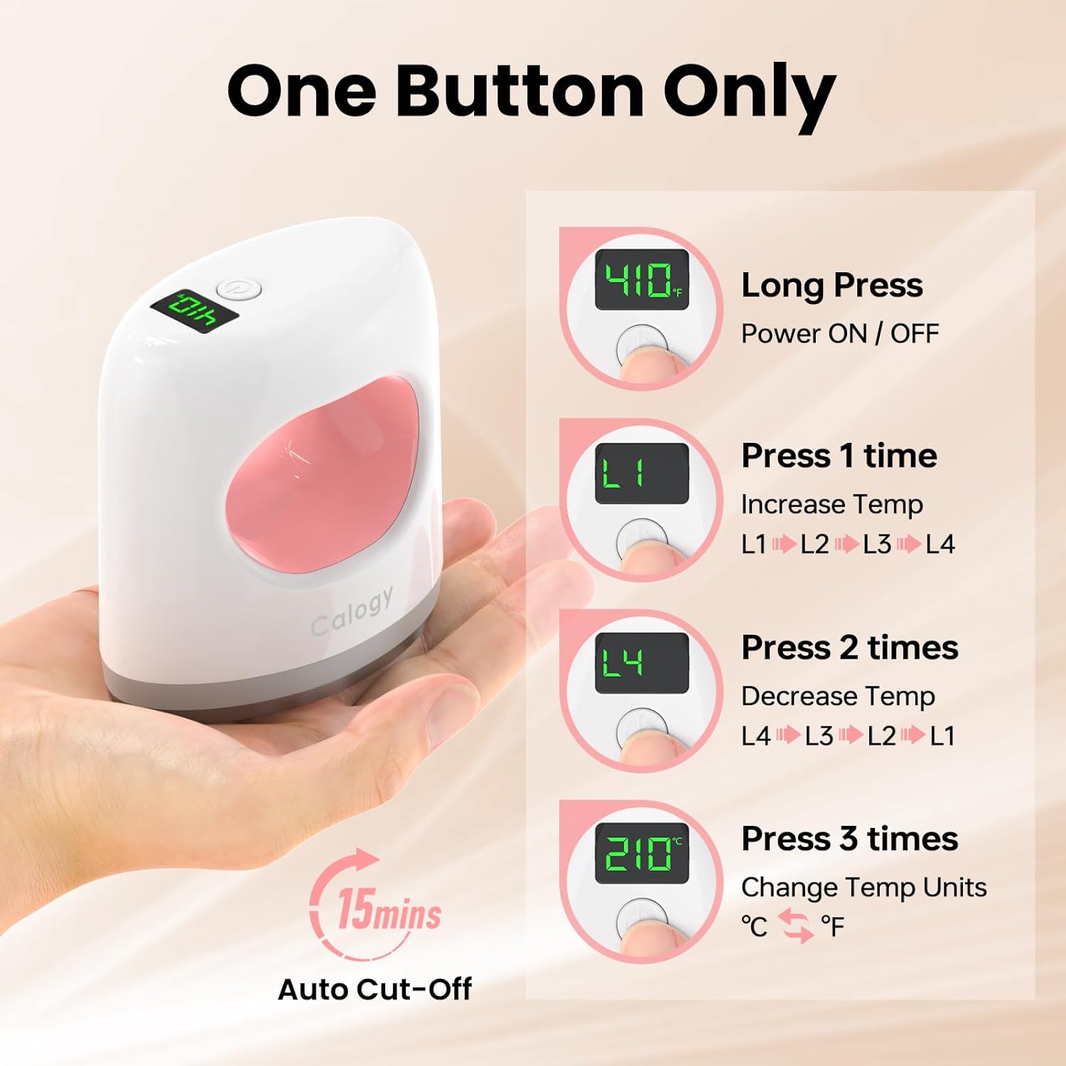 Diagram showing one-button controls for Calogy Mini Heat Press