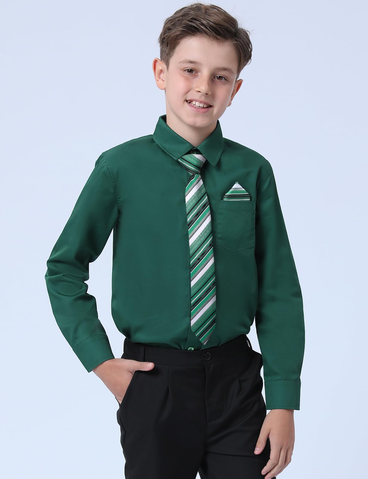 A&J DESIGN Camisa de vestir para niños de manga larga formal uniforme escolar Oxford con botones y corbata y pañuelo | Para todas las estaciones, suave, duradero, versátil, fácil cuidado, corbata preatada, transpirable, ajuste regular