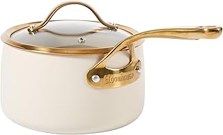 bloomhouse - Two Time Oprah's Favorite Things Winner - 3 Quart Heavy Duty Aluminum Premium PFA Free Ceramic Nonstick Saucepan with Lid - Almond Cream w/Gold Handle