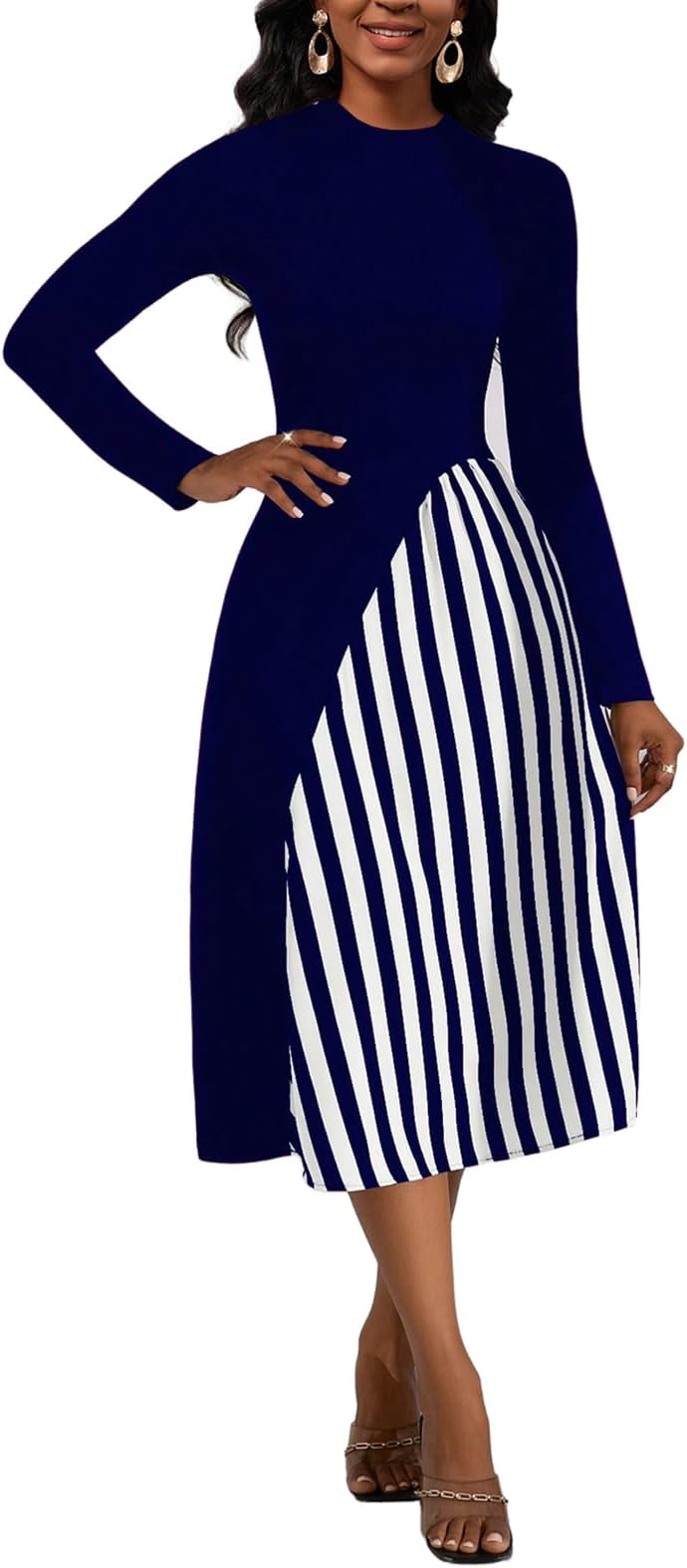 HipGlamp Women's Casual Crew Neck Long Sleeve Dress 2024 Splice Striped Midi Dress Pencil Cocktail Dresses