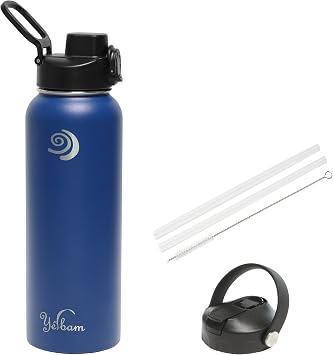 40oz Stainless Steel Insulated Water Bottle One-Touch Open Chug Lid & Covered Straw Lid Wide Mouth Direct Drink Dishwasher Safe Leakproof Sweat-Free BPA-Free Metallic Blue