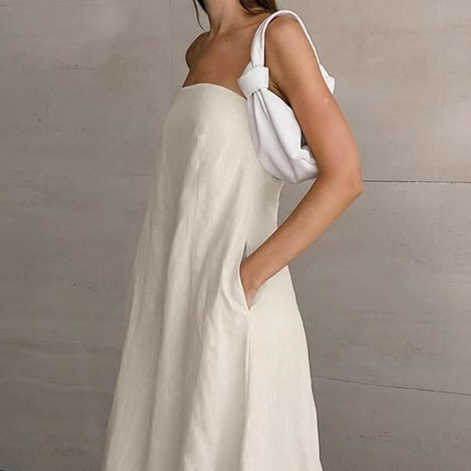 Aesthetic Dress Strapless Linen Maxi Dress Linen A-Line Strapless Dress for Vacation and Going Out Dress