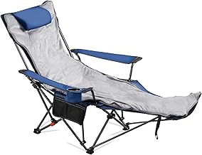 VEVOR Reclining Camping Chair, 4 Adjustable Positions, Portable Folding Lounger for Adults, Mesh Beach Chair with Footrest & Plush Cushion, Supports 220 lbs, Heavy Duty Camp Chairs for Patio, Blue