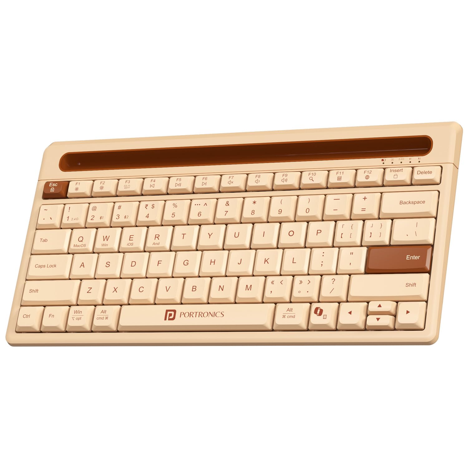 Portronics Bubble Dock 2.0 Wireless Keyboard with Bluetooth + 2.4 GHz USB Receiver, Height Adjustment, Multimedia Hotkeys, Dedicated Co-Pilot Key, for Laptop, PC, Smartphone, Tablet (Beige)