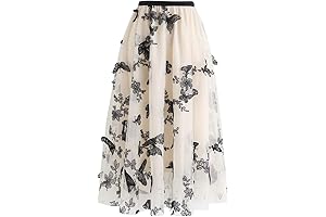 Women's Fluttery and Flowy 3D Butterfly Embroidered Mesh Midi Skirt