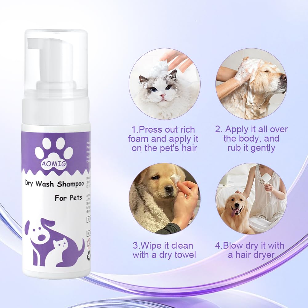 Aomig Shampooing à Sec pour Chat Chien, 150ml Shampoing sans Rinçage et sans Eau, Nettoyage en Profondeur et Rafraîchit Le Poil, Pelage Brillant et Soyeux, 100% Naturel, pour Pellicules, Gras, Odeurs