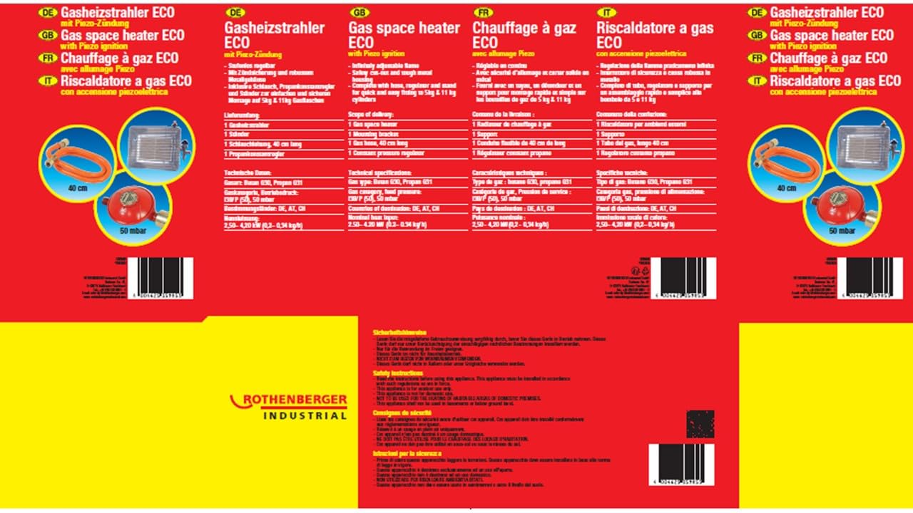 ROTHENBERGER Industrial Heizstrahler inkl. Piezo, 0,4 m Propangas-Schlauch, 50 mbar Druckregler, Gasheizstrahler, Propan Gas 35985