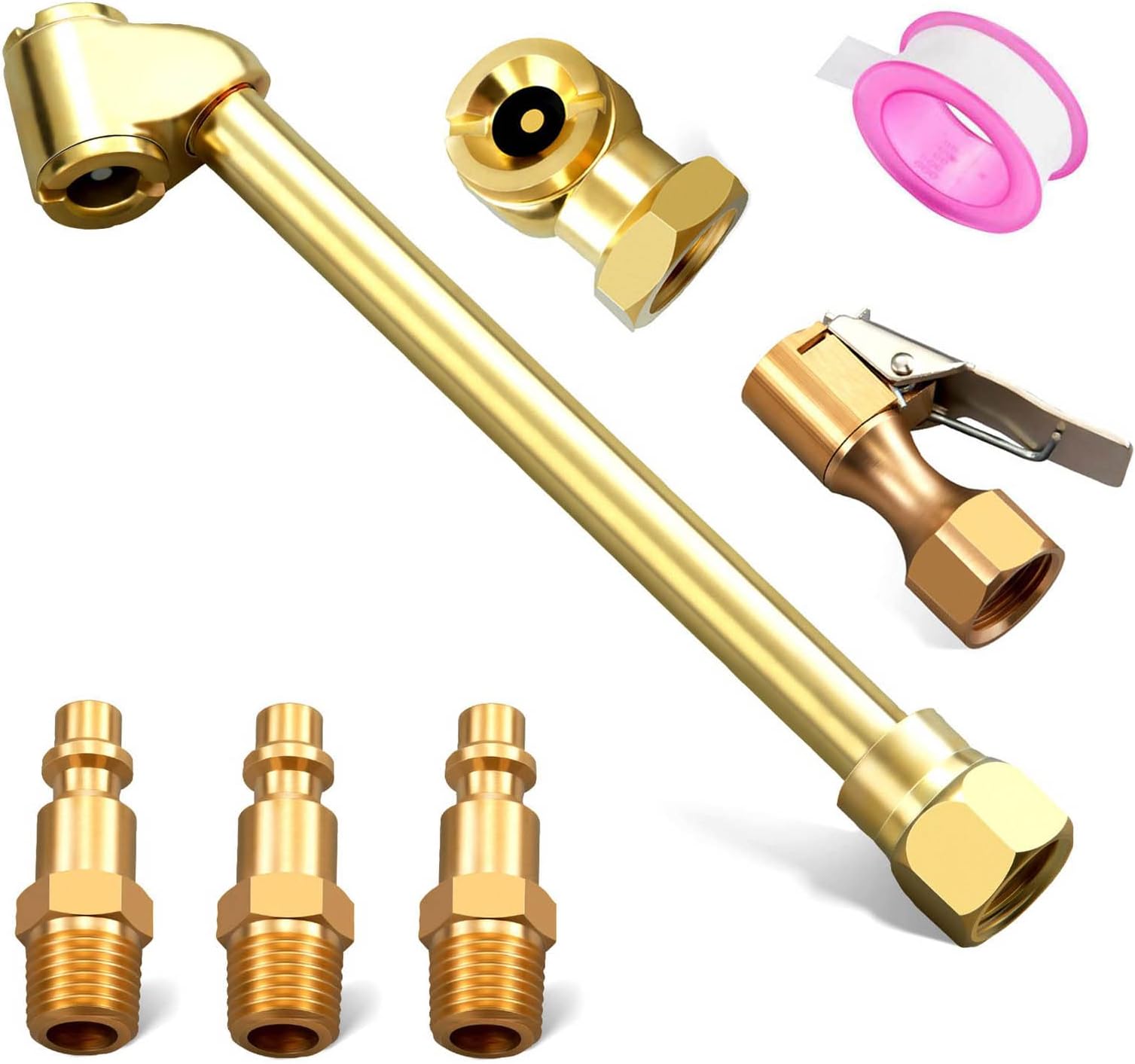 6PCS Heavy Duty Brass Air Chuck Set,1/4" Closed Ball Air Chuck & 1/4 Inch Female NPT Dual Head Air Chuck & 1/4" Closed Flow Tire Chuck with Air Hose Quick Connect Adapter