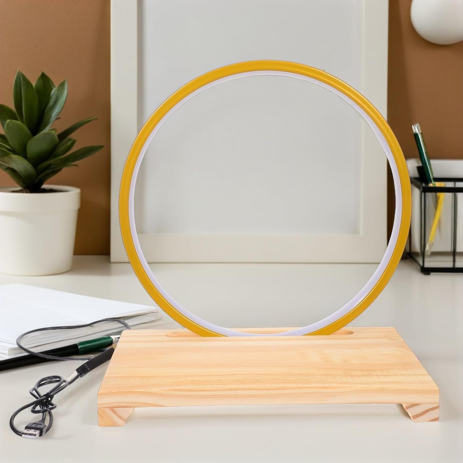 Lighted Wooden Display Pedestal Stand with LED Lighted Base, 30cm Diameter Gold Circle Sculpture Base on Natural Wood, Zen Buddha Statue Display for Office Tea Table Entryway Decor