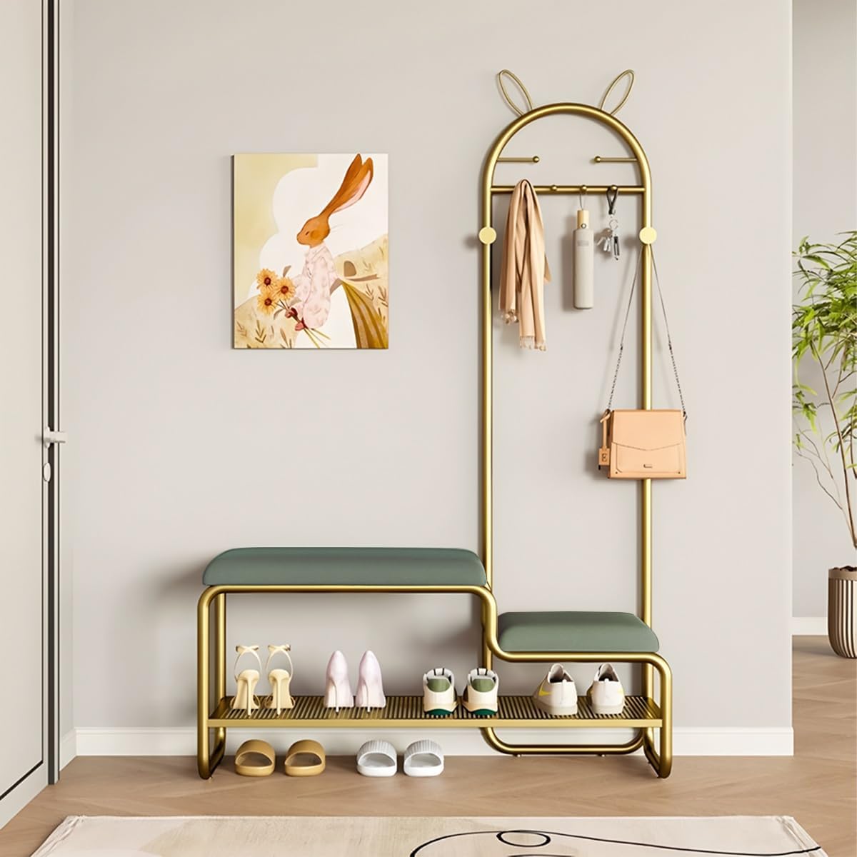 4-in-1 Entryway Hall Tree with Bench, Grey Metal Coat Rack & Shoe Storage, Soft Leather Cushion, 6 Hooks for Living Room, Hallway, Bedroom (90cm)