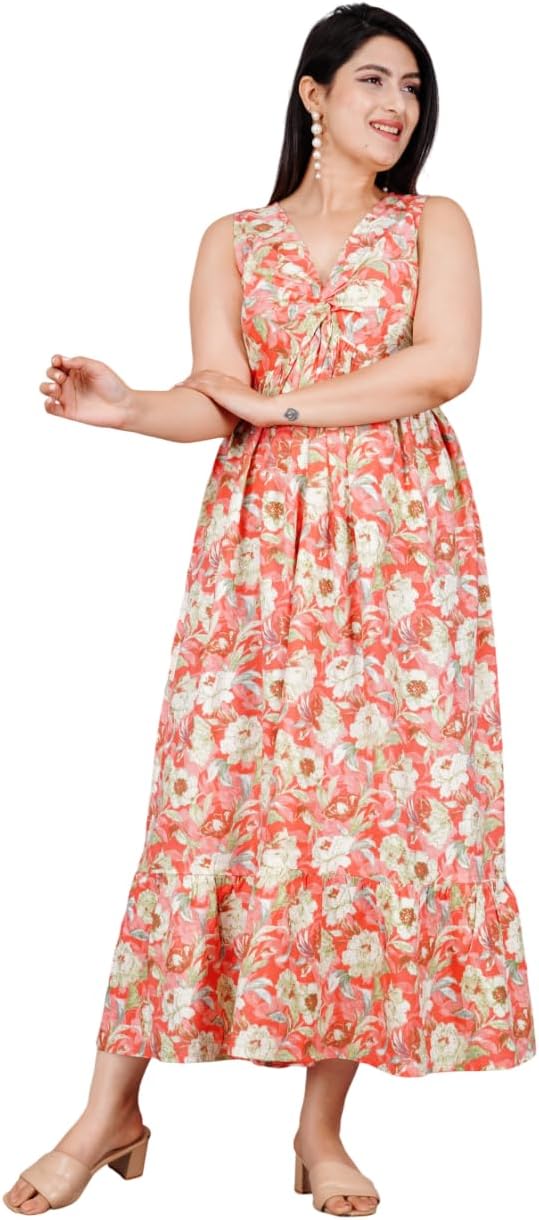 Floral Print Flared Long Dress for Women & Girls Elegant Summer Sleeveless Boho Maxi Dress with Vibrant Flower Pattern, Perfect for Casual and Formal Occasions