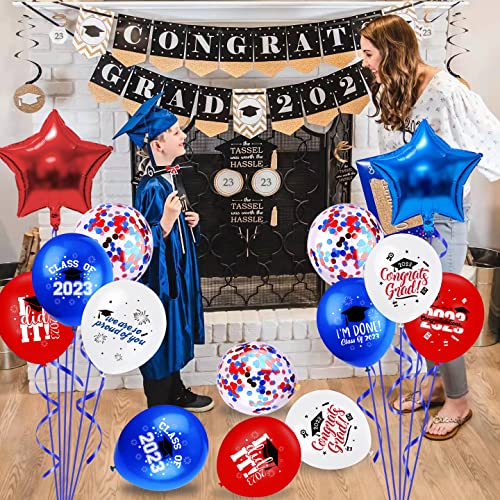 Blue Red Graduation Balloons 62Pcs Graduation Party Decorations 2023 Blue And Red Confetti Latex Balloons Blue Red Star Balloons For High School, College Graduation Party Supplies #TOP6