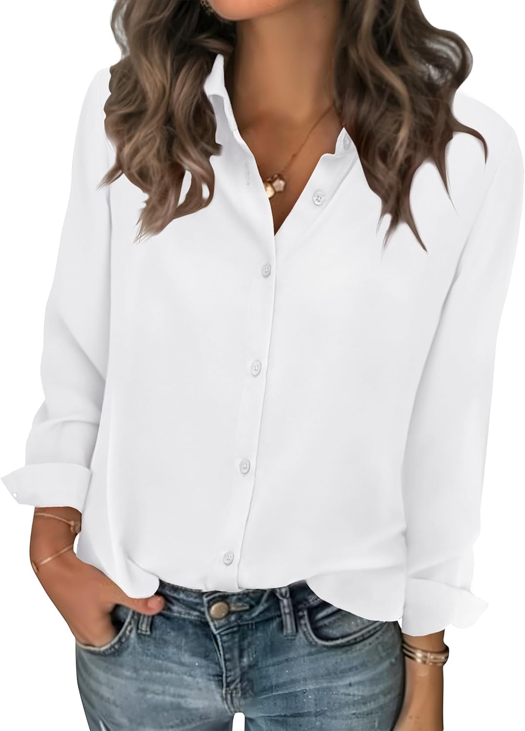 Zeagoo Women Blouses Chiffon Long Sleeve Button Down Shirts Business Causal Dressy Work Top V Neck Summer Spring Clothes