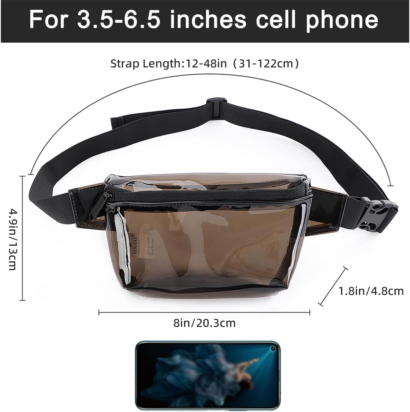 TINYAT Small Clear Fanny Pack Stadium Approved for Women, Clear Belt Bag for Waterproof Mini Waist Pack for Concerts, Sports (Black1)