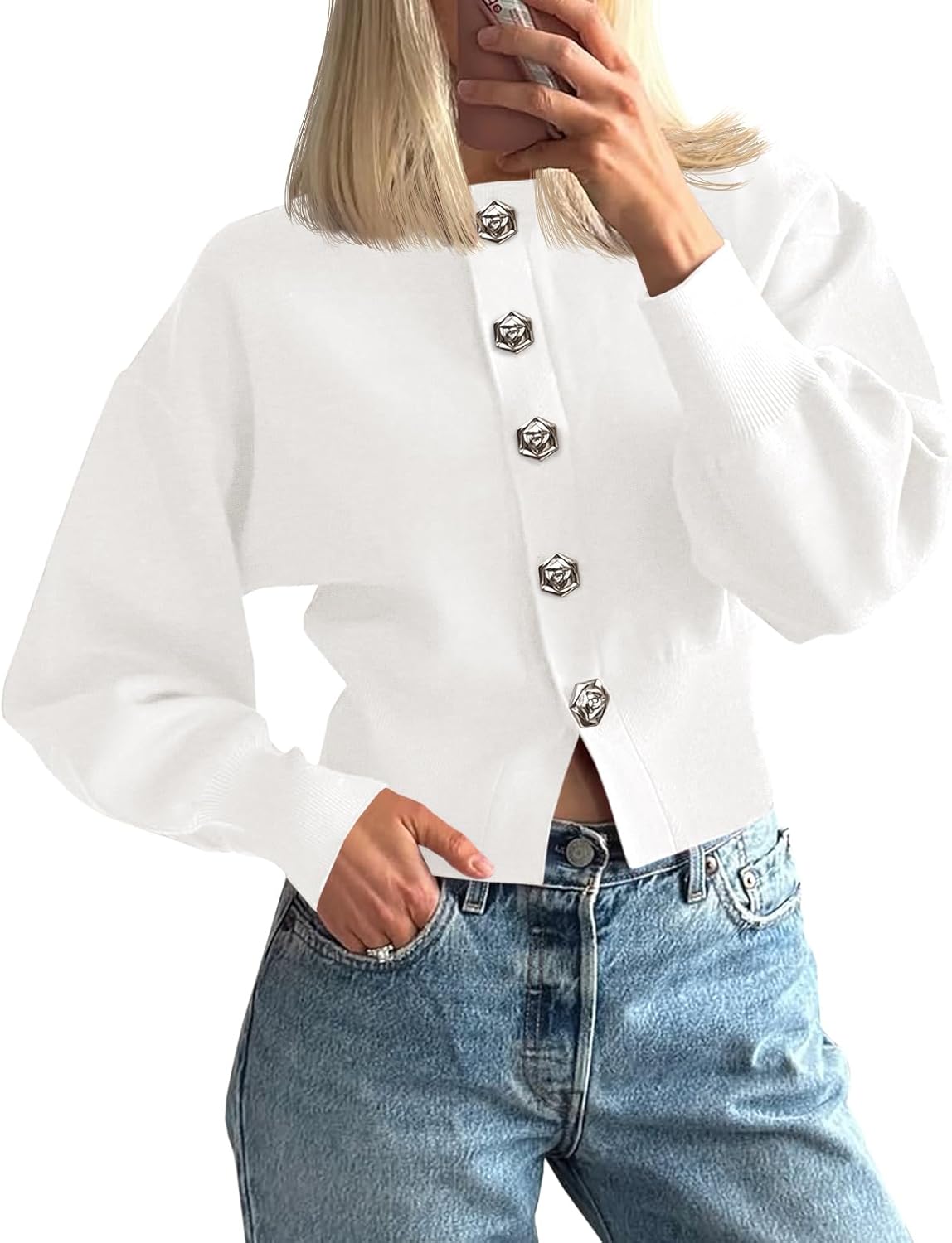 Saodimallsu Womens Button Up Cardigan Sweaters Fall Trendy Long Lantern Sleeve Knit Crew Neck Sweater Jacket