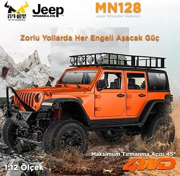 MN Model MN128 1/12 Jeep Wrangler Rubicon 4WD RC Model Crawler Offroad Truck Uzaktan Kumandalı Araba RTR Turuncu+Dahili Işık Seti MN-128